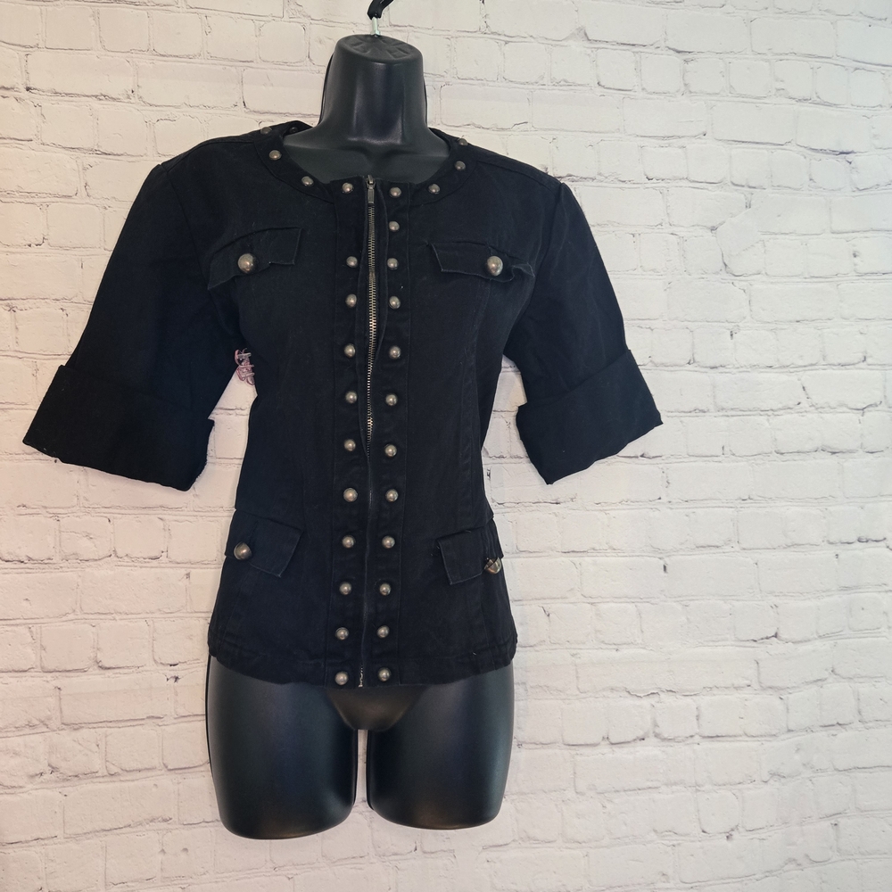 Westbound Black denim Military Style Jacket bouse metal studs full zip sz m boxy